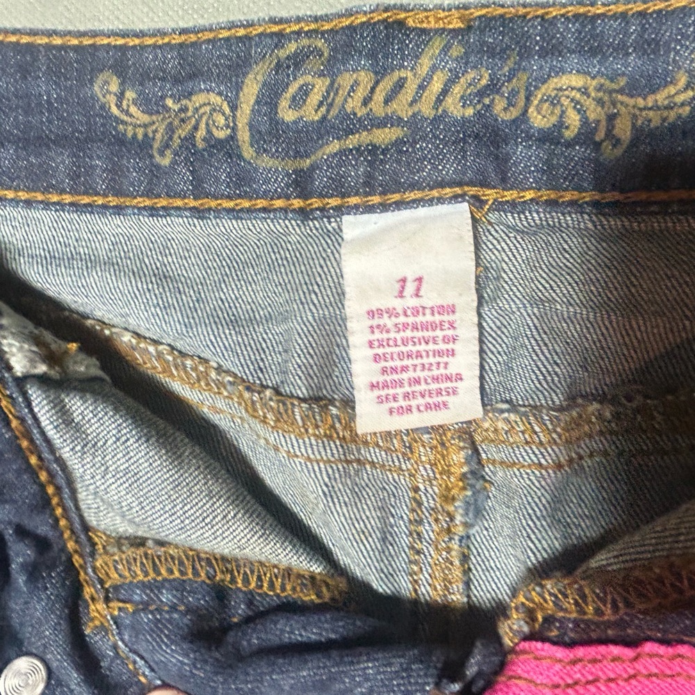 Vintage Candie's Dark Blue Distressed Denim Mini Skirt Y2K Dark Wash Frayed Hem - Picture 3 of 6